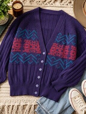 Vintage Handmade Purple Geometric Grandpa Core Cardigan Oversized